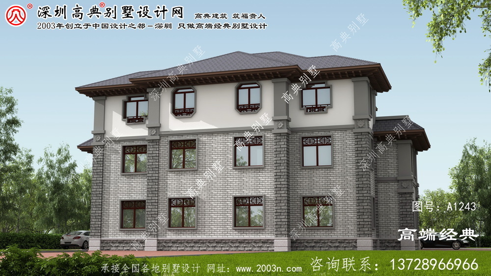 桂阳县中式双拼三层别墅外观图	